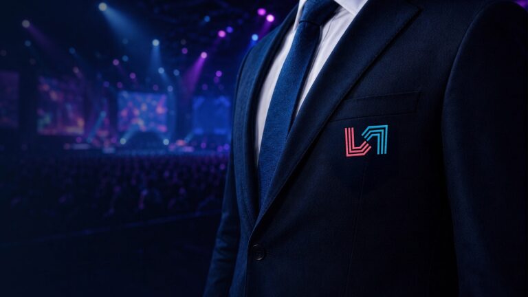 Mann im dunkelblauen Anzug mit dem pink-blauen Legends-One-Logo auf der Brust vor einer beleuchteten Arena-Bühne.