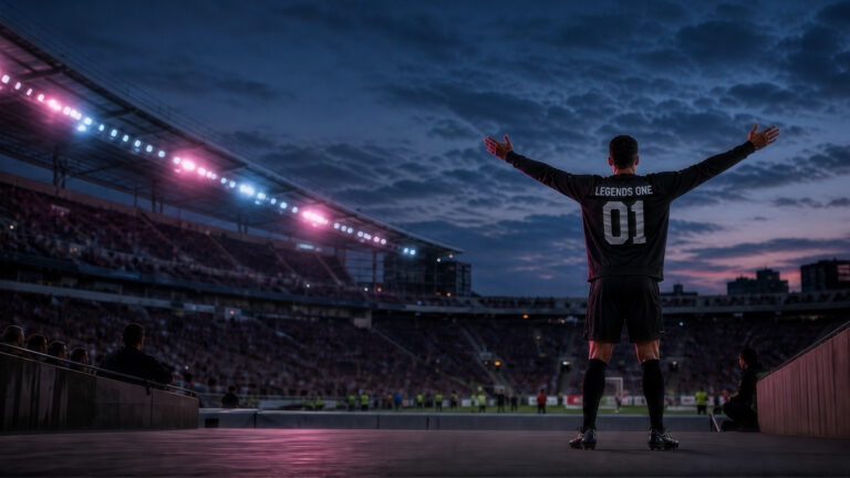 Spieler mit ausgebreiteten Armen von hinten im Stadion